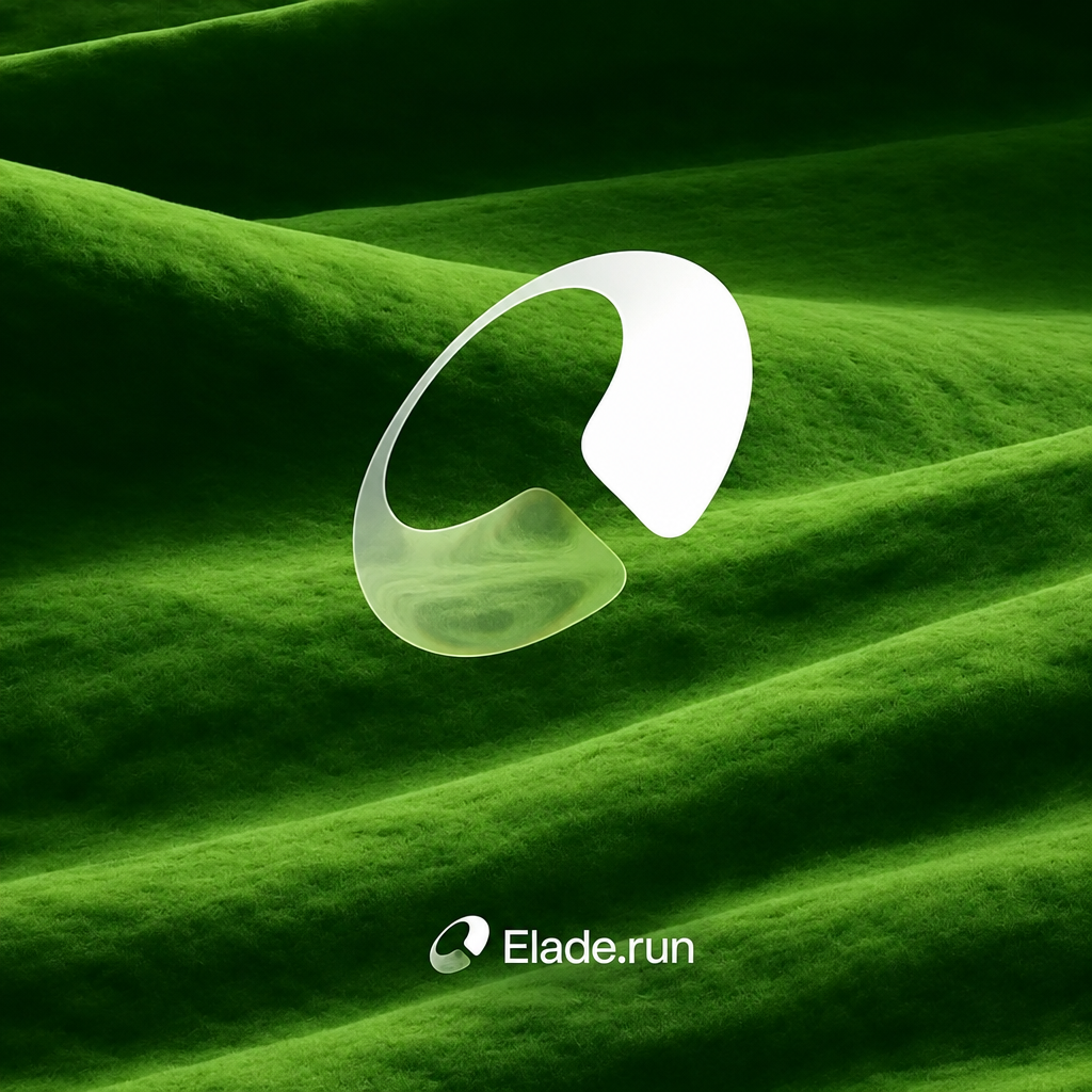 Elade.run brand mark: a pale ceramic loop above a moss landscape